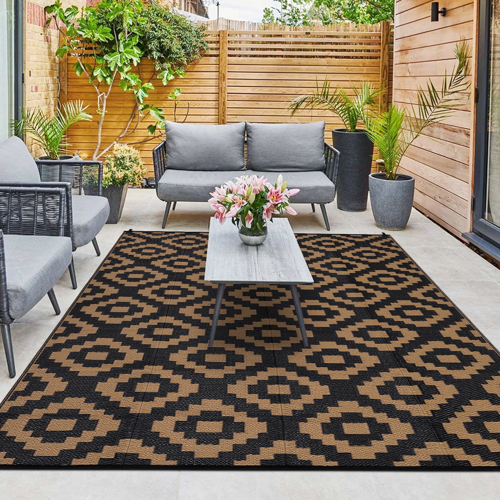 Twister.CK 8x10' Waterproof Outdoor Rug, Reversible Plastic Patio Rugs with Storage Bag, Portable Modern Indoor Outdoor Carpet for Camping, Balcony Deck Backyard, Black & Brown