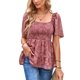 thumbnail image 1 of Camiseta de manga corta con estampado de flores para mujer, dobladillo con volantes, busto fruncido elástico, camiseta de verano, rosa, blanco, 1 of 6