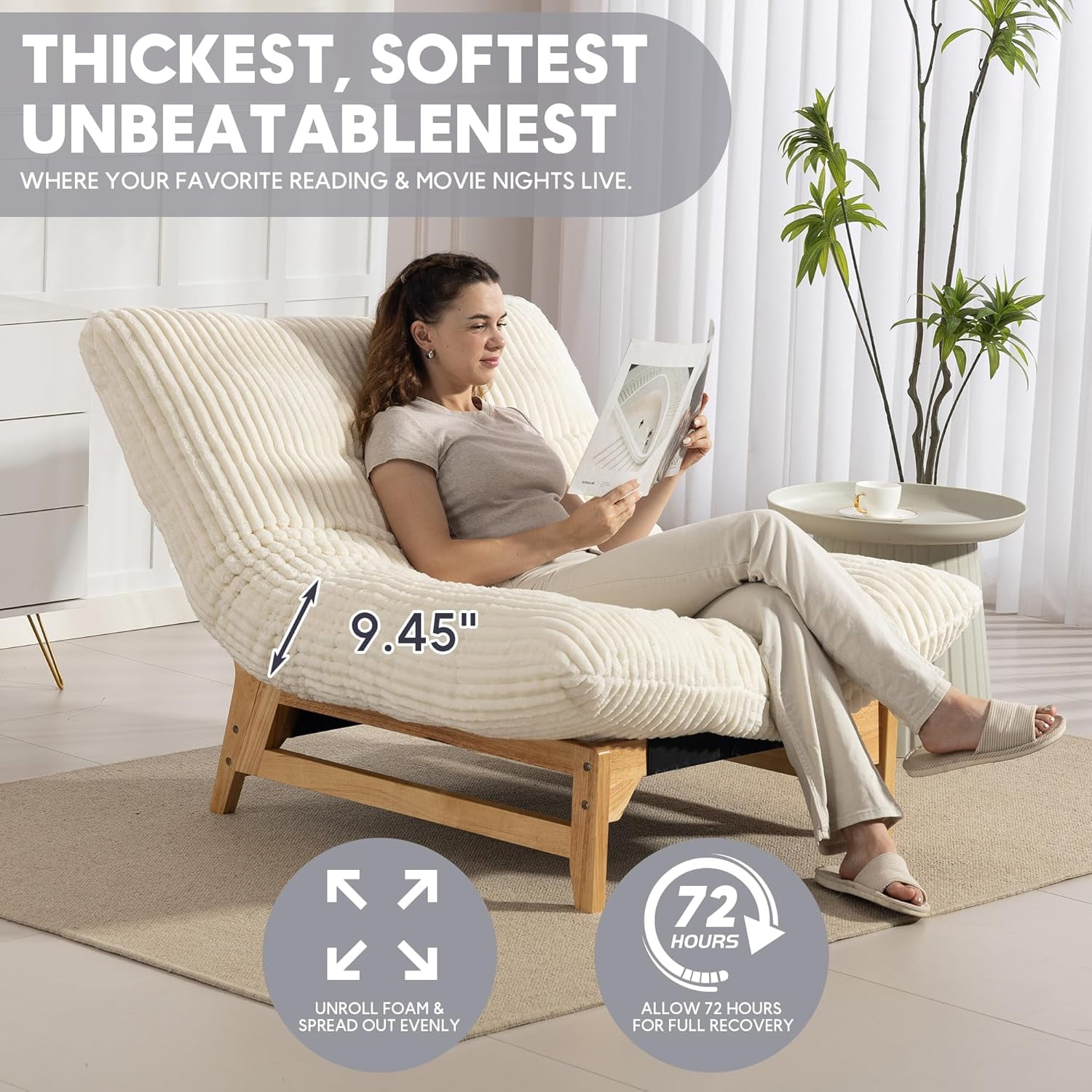 Bean Bag Chair with Frame for Adults, Comfy Corduroy Upholstered Accent Reading Chair, Oversized Sleeper Beanbag Lounge Sofa for Living Room Bedroom, Beige