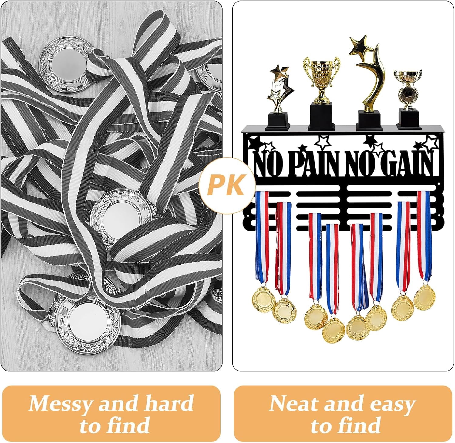 1set No Pain No Gain Trophy and Medal Display Shelf Stars Medal Hanger Display Trophy Shelf Sports Award Display Shelf for Wall Metal Wall Mount Award Ribbon Display for Athletes Black DIY