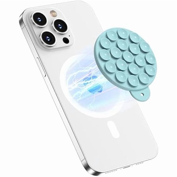 wonima02 Magnetic Suction Cup Phone Mount for MagSafe Case, Silicone Hands-Free Grip Holder for iPhone and Android, Mirror Shower Phone Stand for Makeup FaceTime Gym Kitchen Bathroom, Light Cyan