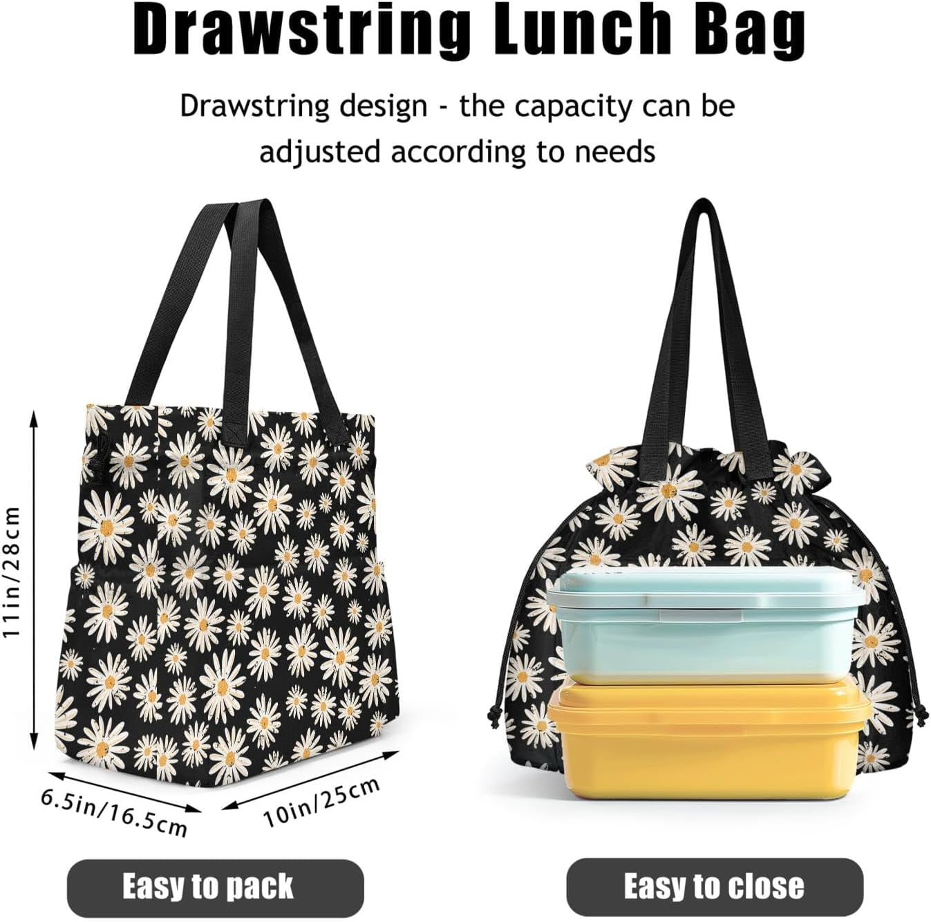 Lunch Bag for Women Insulated Womens Drawstring Lunch Bag for Work, Stain-Resistant Large Lunch Box for Women with Containers, Cinch Closure Cromwell Bag Black Man Reusable Lunch Bag Office