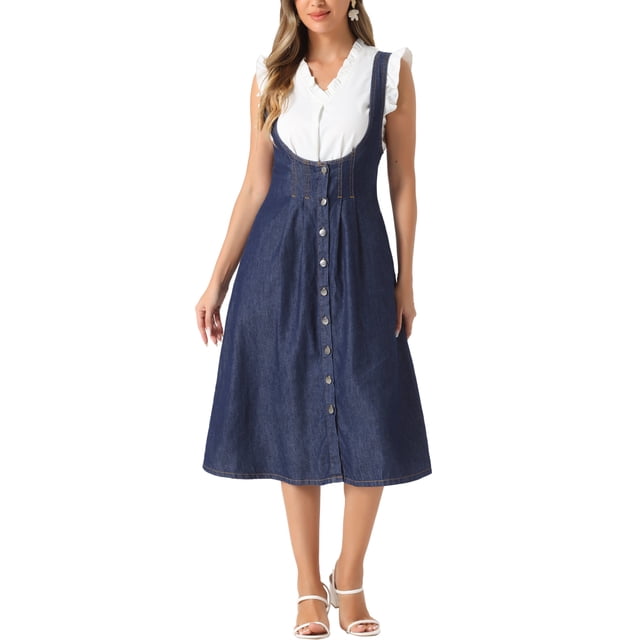 Vestido con tirantes INSPIRE CHIC para mujer, vestido midi de mezclilla con botones en la parte delantera, cuello en U clásico y bolsillos, talla XL, negro y azul
