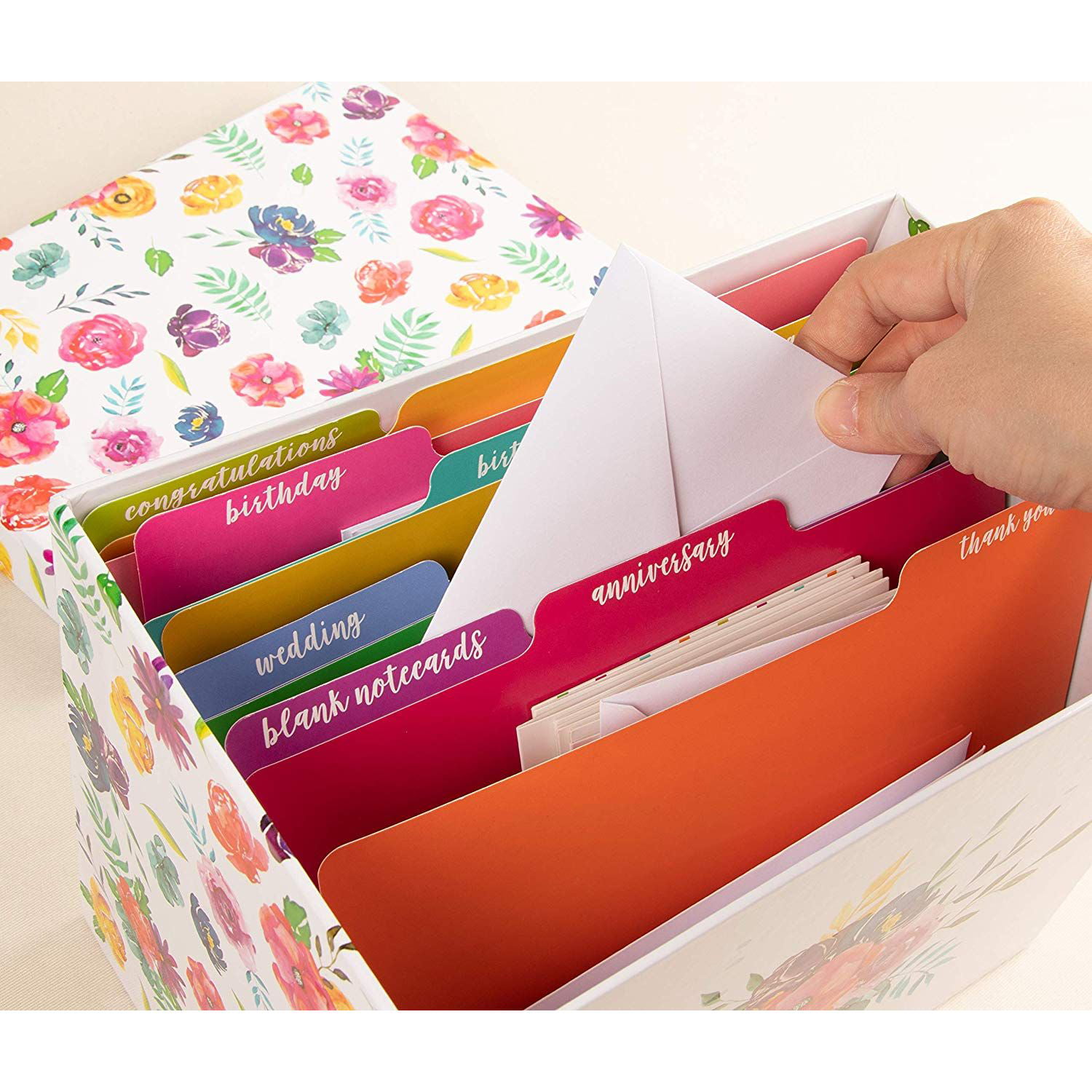 9.6 x 6 x 7.5 Inches 20 Notecards Decorative Card Storage 20 Envelopes Greeting Birthday Holiday Card Organizer Box Deluxe Card Organizer with 12 Dividers
