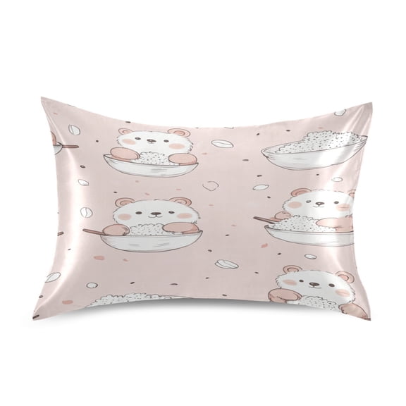Satin Double-Sided Printed Pillowcase (Single) - Different Sizes ,Envelope Closure , Wrinkle-Resistant & Silky , All-Season Use,Bear and Rice Dumpling