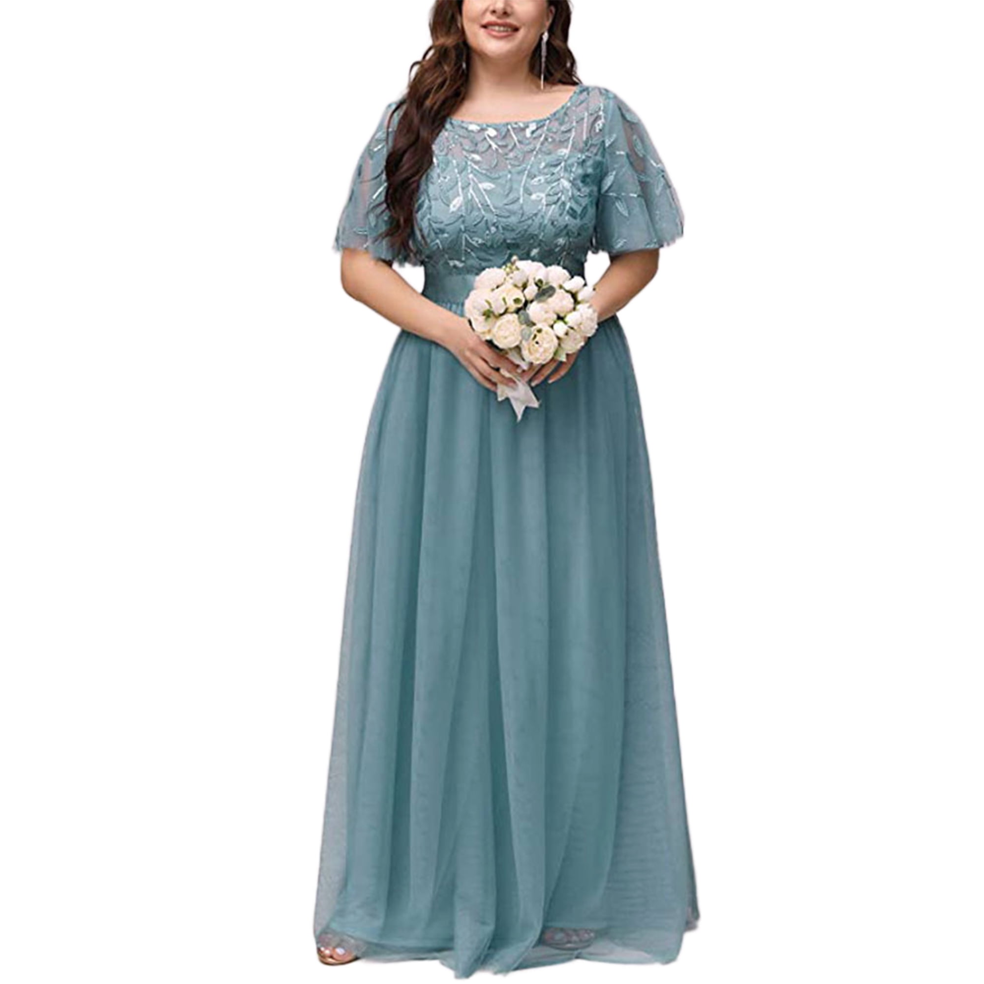 Avamo Women Evening Gown Short Sleeve Maxi Dresses Mesh Long Dress