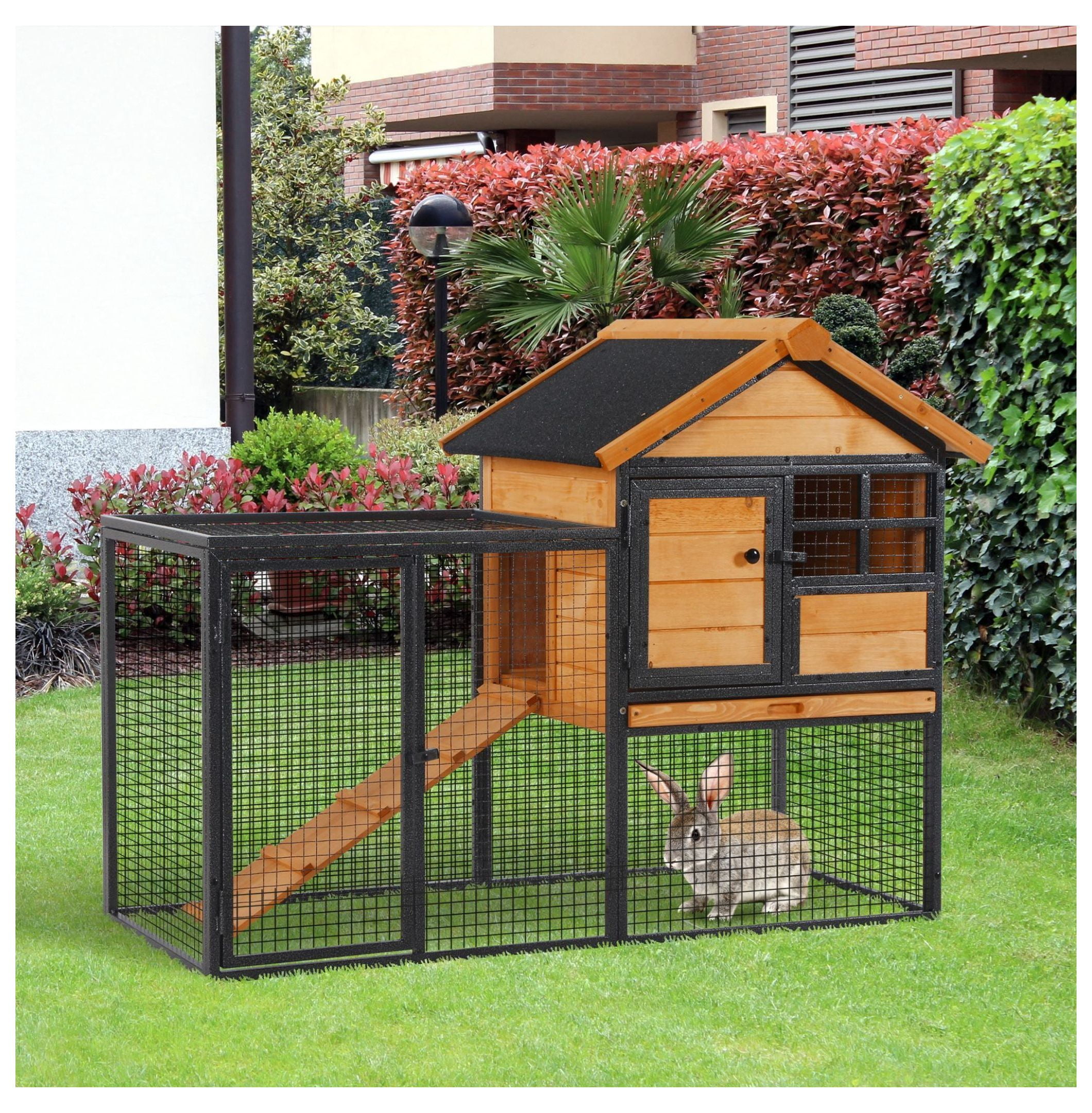 2-Level Rabbit Hutch Bunny Cage, Elevated Pet House with Weatherproof Hinged Asphalt Roof, Removable Tray & Ramp for Outdoor, Natural