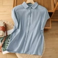 thumbnail image 2 of Ltctricy Summer Tops for Women Trendy Cotton Cap Short Sleeve Collared Solid Color Button down Shirts Casual Loose Blouses, 2 of 7
