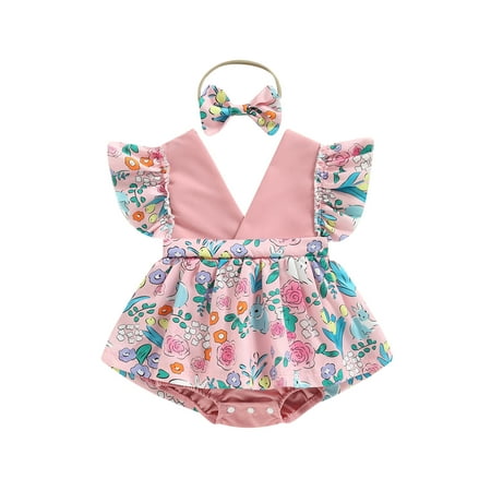 

Sunisery Baby Easter Sleeveless V Neck Romper Dress with Bow Headband Set