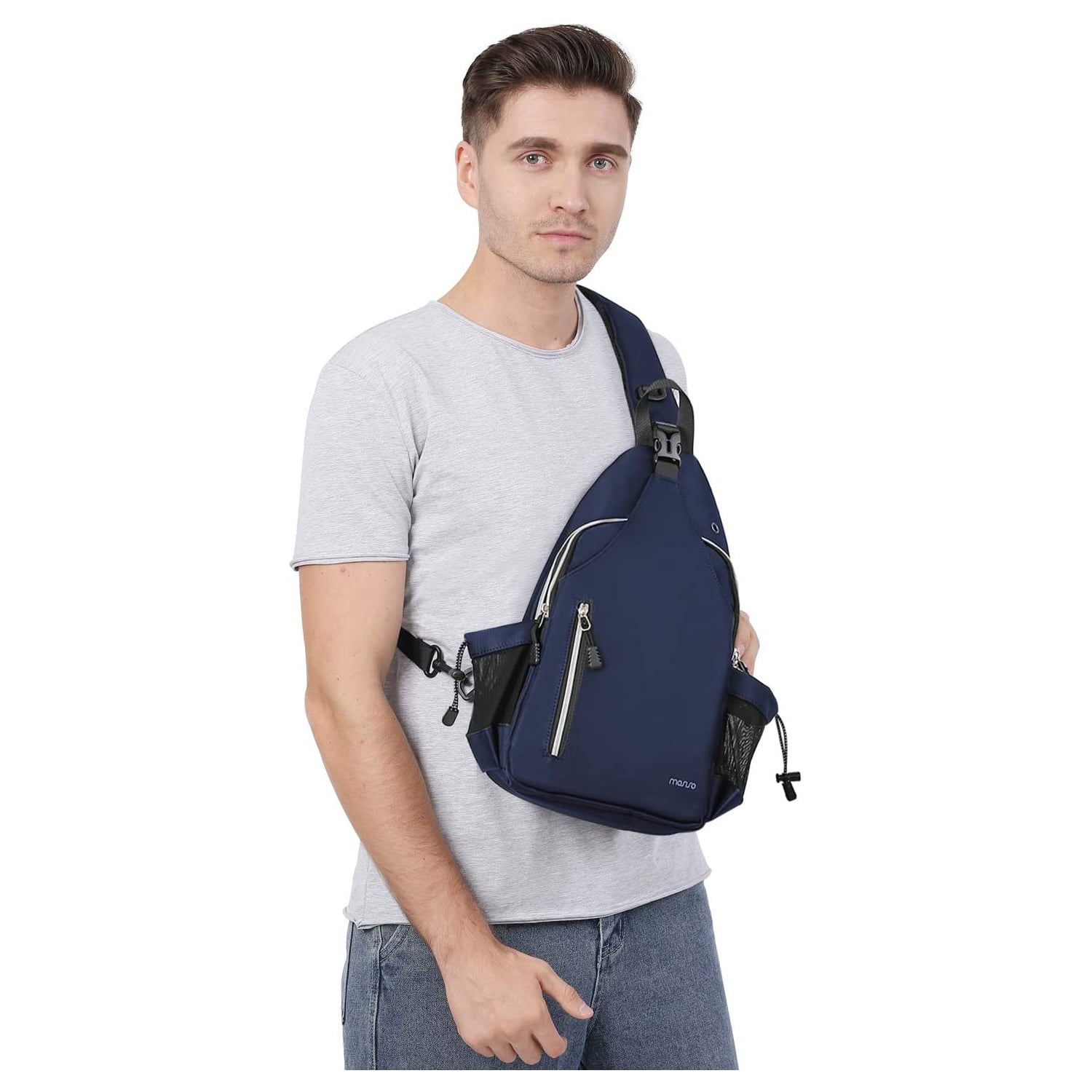 Mosiso Sling Backpack Chest Shoulder Bag Double Layer Hiking Daypack Men/Women,Navy Blue