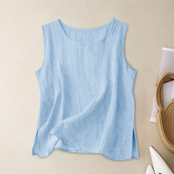 Solid Linen Sleeveless Blouse Womens Loose Fitting Lightweight Casual Tank Tops for Summer Daily Wear Sky Blue M