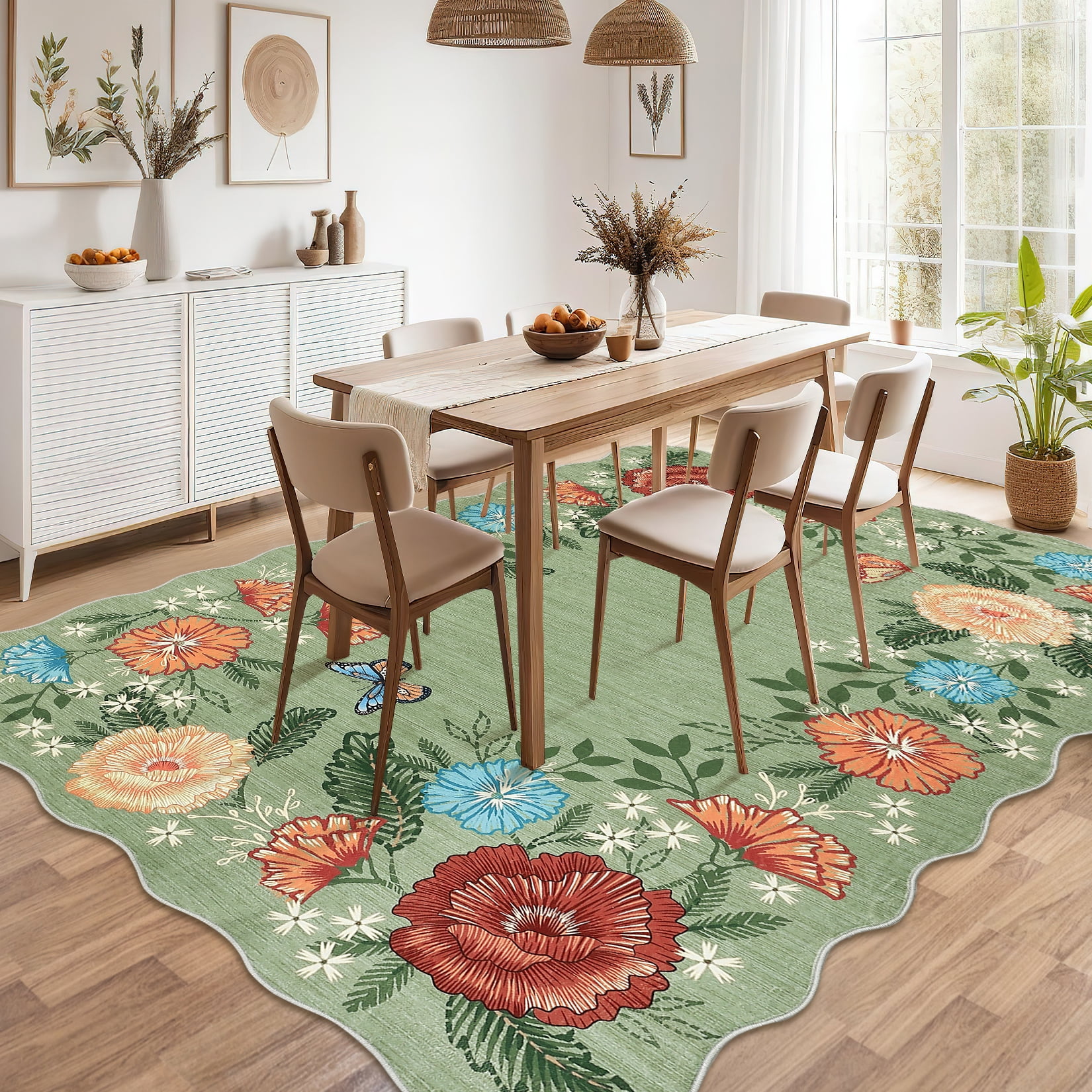 Garvee 5'x7' Floral Area Rugs, Washable Boho Rugs Ultra Soft Print Carpet, Non-Slip Low Pile Rug Stain Resistant Distressed Indoor Rugs for Living Room Bedroom Dining Room, Green