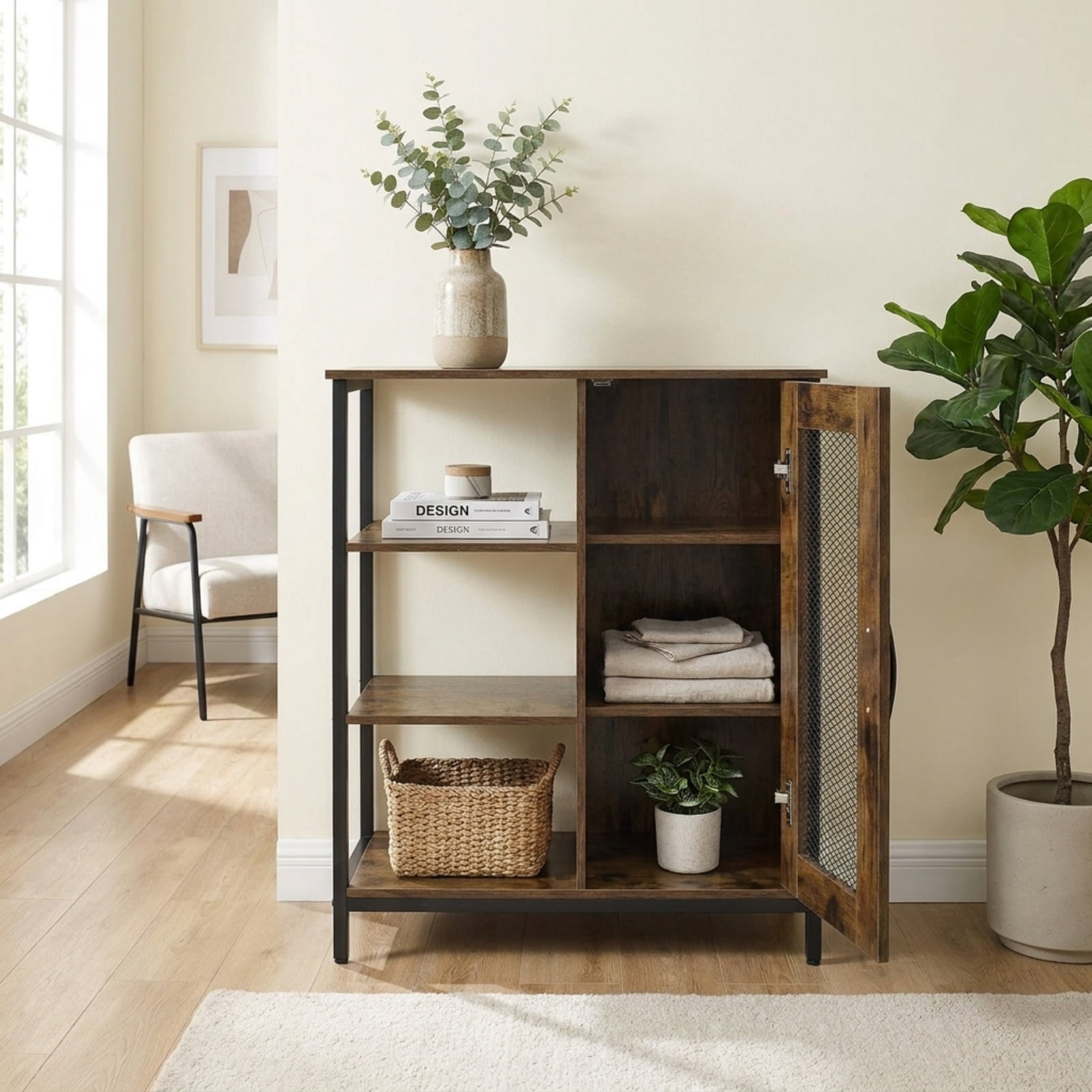 Furnibear Industrial Side Cabinet with Metal Mesh Door and 3 Open Shelves Narrow Storage Buffet Sideboard for Kitchen and Living Room, Rustic Brown