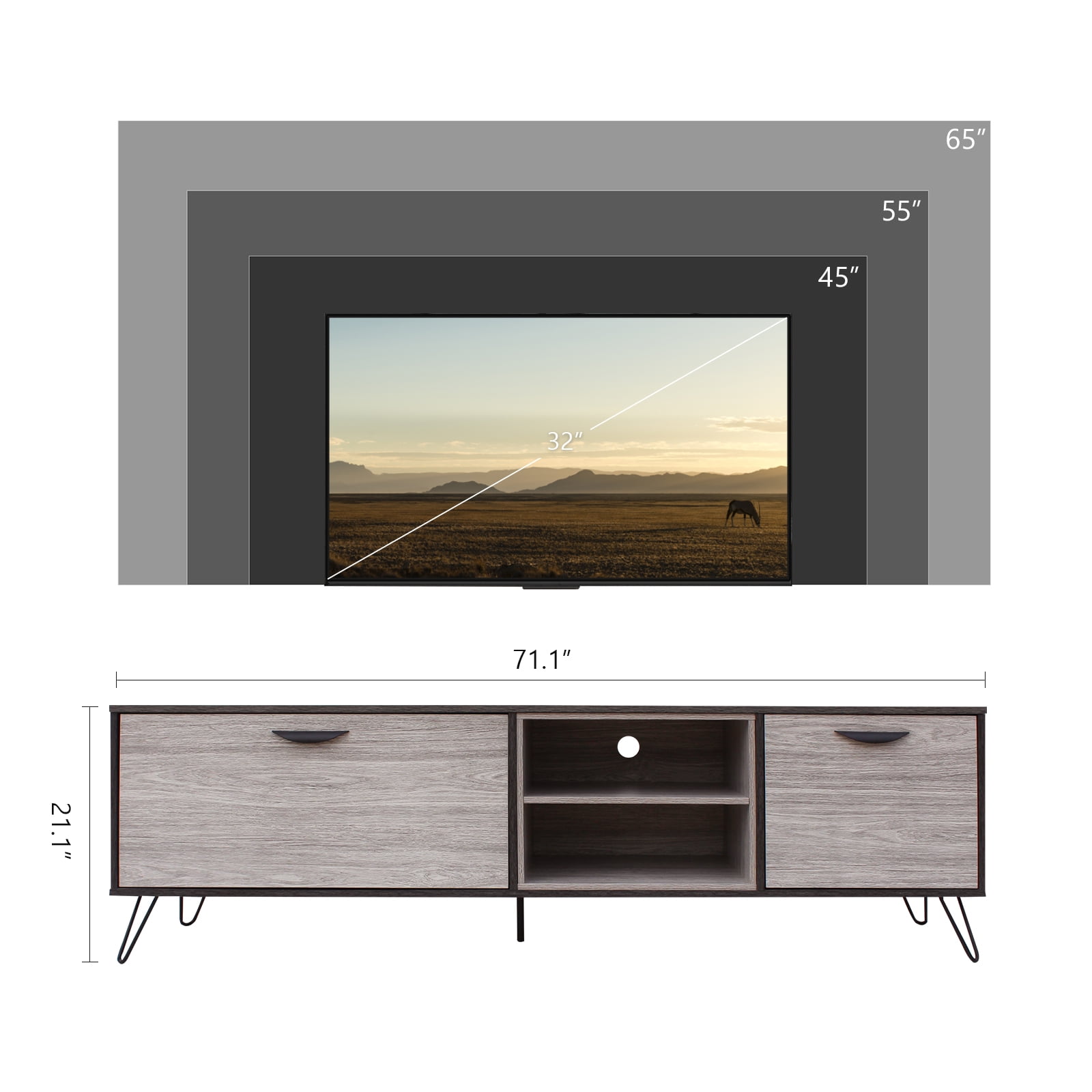 Kadyn Mid Century TV Stand Console, Fiberboard TV Console for TV up to 79 Inch, Modern TV Cabinet with 2 Cabinets & Shelves, Plaid Grey Oak