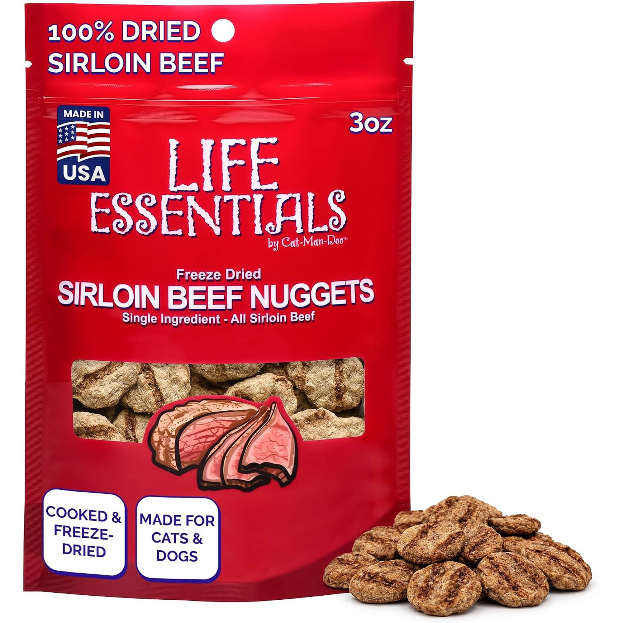 Life Essentials Freeze Dried Sirloin Beef Nuggets Dog and Cat Treats, 3 oz‌