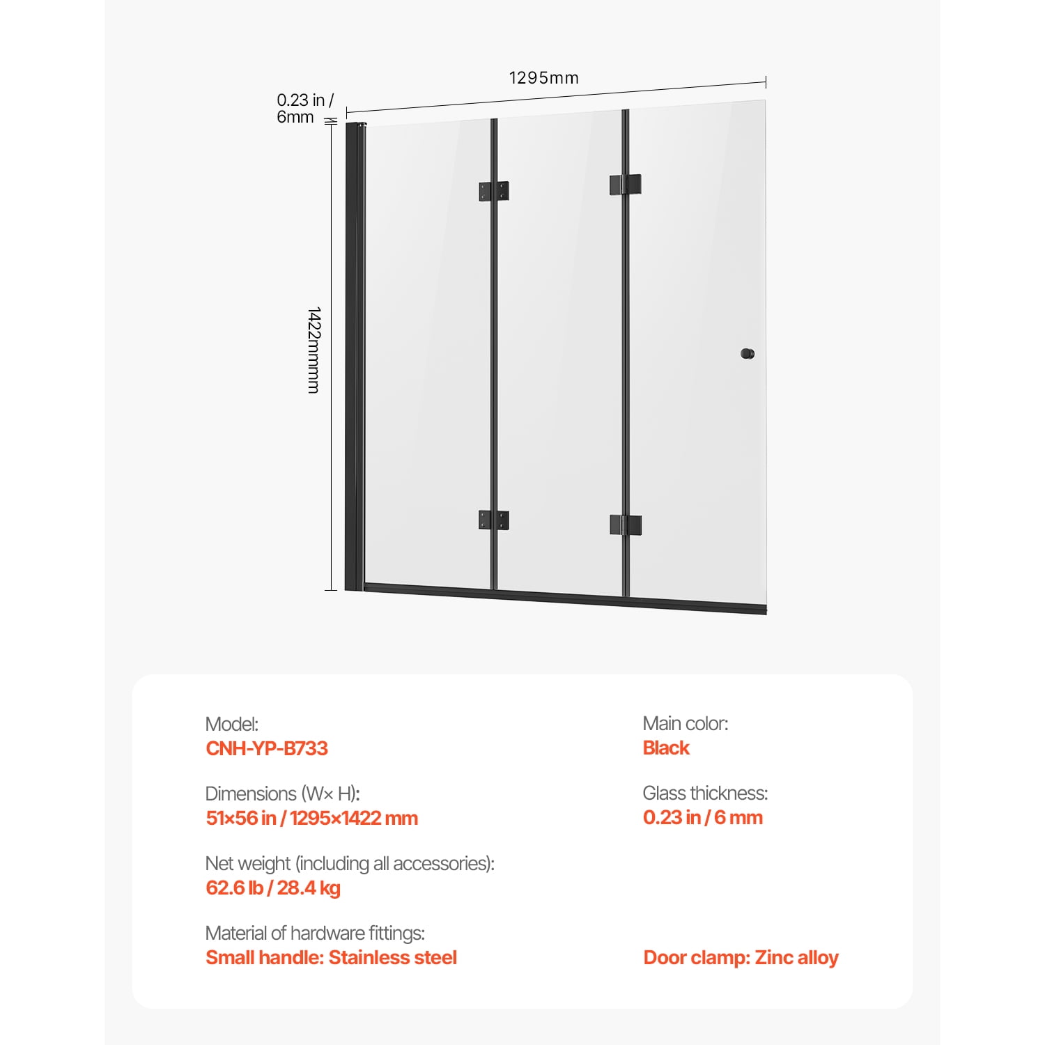 KFFKFF Shower Door for Bathtub, Dimensions 51 in. Width x 56 in. Height, Hinged Shower Door without Frame, Three-Fold Glass Shower Door with 1/4 in Thick Tempered Glass, Design that Rotates