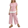 thumbnail image 3 of SGFCWSX Girls 2 Piece Outfits Bow Lace Hem Short Sleeve Tops Wide Leg Capri Pants Summer Casual Clothes Set Pink Size 8, 3 of 10