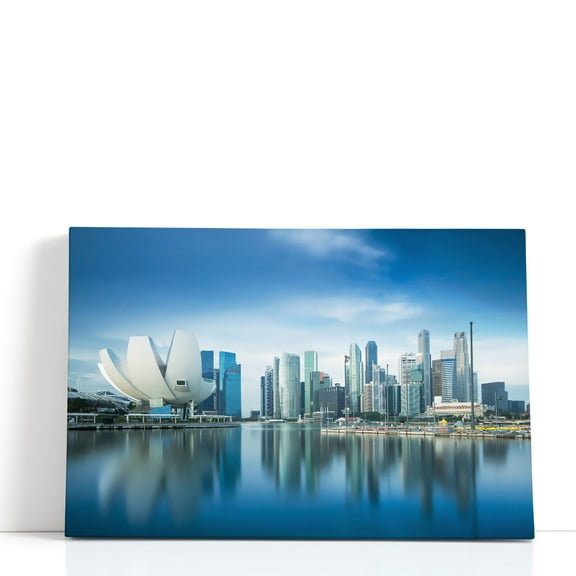 Singapore Skyline During Sunrise - Wrapped Canvas Print Wall Art | 18" W x 12" H