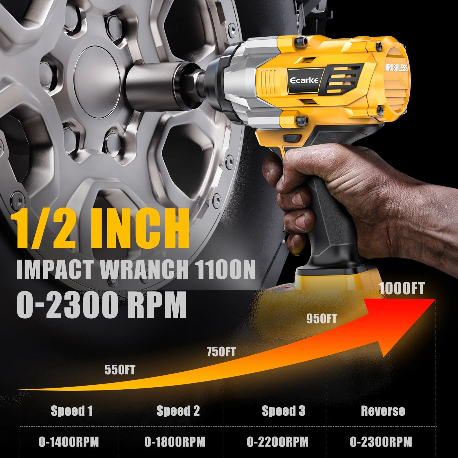 Cordless Impact Wrench 1000FT-LBS for Dewalt Battery, 1/2 inch Brushless Electric 1360N.m Impact Gun Includes LED Work Light, High Torque Impact Driver（No Battery）