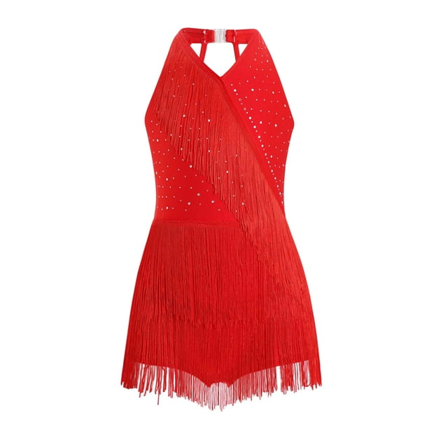Ocealan Kids Girls Latin Jazz Dance Dress Sparkly Tango Rumba Samba Dance Costume Fringe Leotard Red 8
