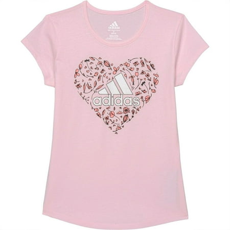 Adidas Big Girl's Heart Logo Graphic Print Pink Tee Soft Cotton Active T-Shirt