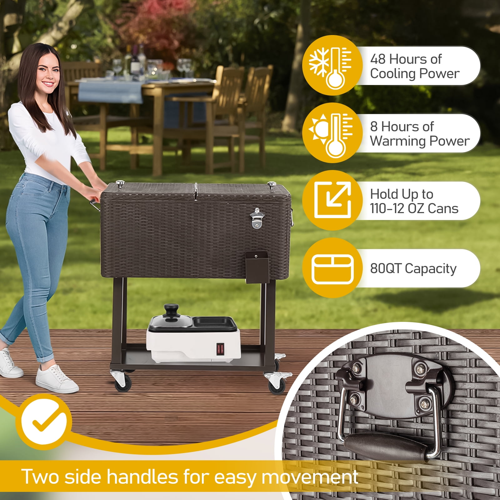 80QT Rattan Cooler with Shelf, Sturdy Design and Dual Cooling Functions
