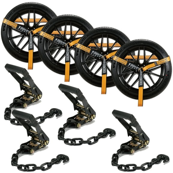 4 Pack Ratchet Car Tie Down Strap with Chain Hooks 2" x 144' Heavy Duty 10,000lbs Min Break Strength Tire Straps for Truck & Trailer by KODIAK STRAPS