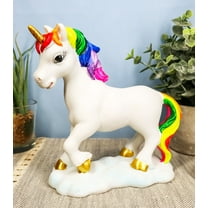 Beautiful Rainbow Mane Gold Horn Unicorn Mare Horse Walking On Clouds Figurine