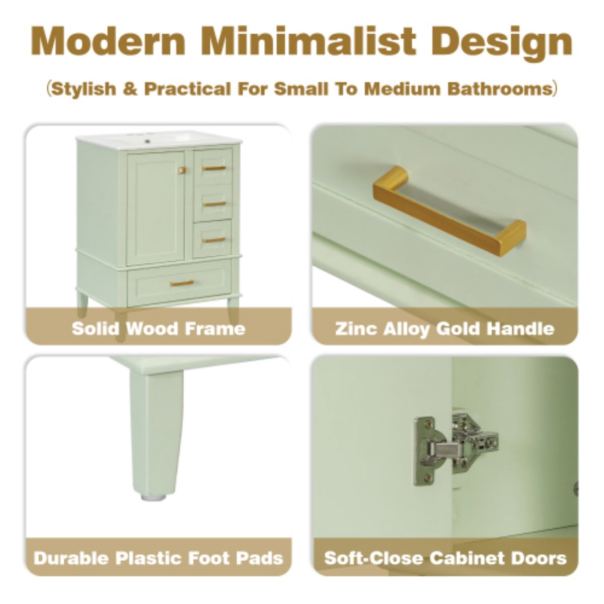 24.8" Bathroom Vanity with Ceramic Sink, Freestanding Bathroom Vanity Cabinet, Soft Close Door, 3 Drawers, Green