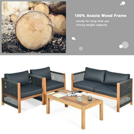 Gymax 4pcs Acacia Wood Outdoor Patio Furniture Set Cushioned Sofa W Nylon Rope Armrest Canada Acacia Wood Outdoor Patio Furniture Set, Acacia Outdoor Furniture Set