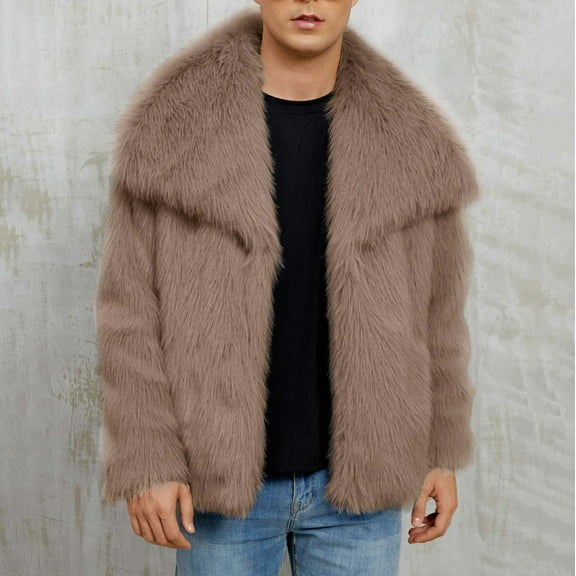 YueHuiYing Mens Luxury Faux Fur Jacket Fluffy Furry Coats Lapel Collar Long Sleeve Turn Down Collar Outerwear Winter Warm Cardigans