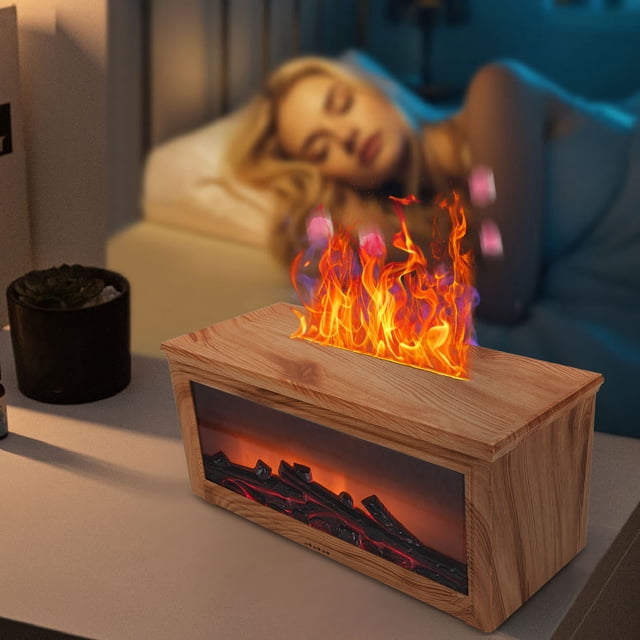 Fireplace Essential Oil Diffuser,180ml Wood Grain Ultrasonic Humidifier, 7 - Color LED Mood Light, Auto Shut - Off & Quiet Aromatherapy Diffuser for Home, Bedroom, Office