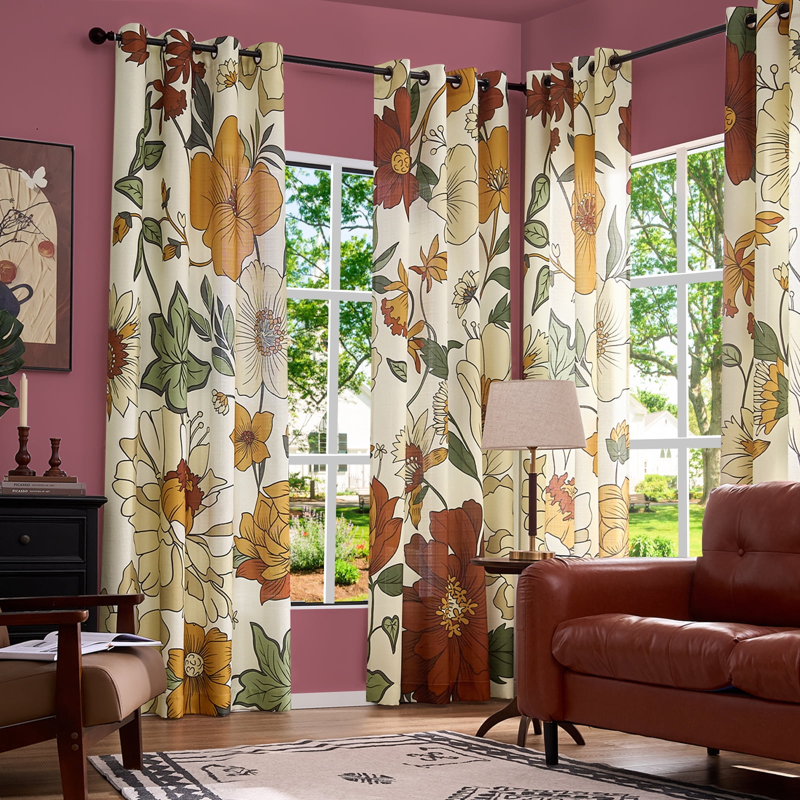 Curtainking Floral Curtains for Bedroom Linen Textured Curtains for Living Room Vintage Flower Pattern Printed Window Curtains 96 Inches Length 2 Panels Set with Grommet Beige