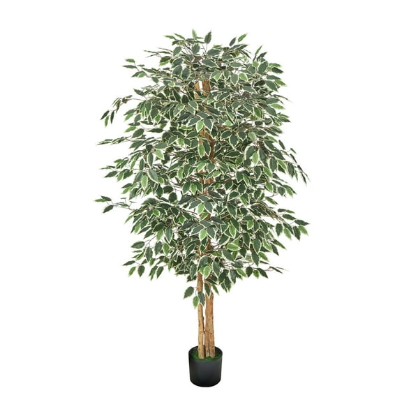 KFFKFF 6FT Artificial Ficus Tree with Black Pot, Tall Faux Plant Featuring Natural Wood Trunk and Lifelike Green Leaves, Ideal for Indoor Home, Office, Living Room, or Corner Decoration