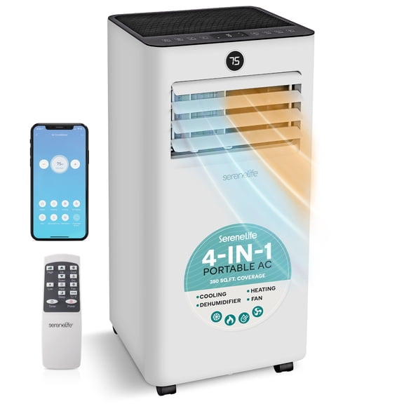 SereneLife SLPACHTW105W Portable Air Conditioner & Heater-1000 BTU Ashrae Compact A/C Unit with Cooling, Heating, and Wi-Fi Function, Includes Window Mount Kit Gray