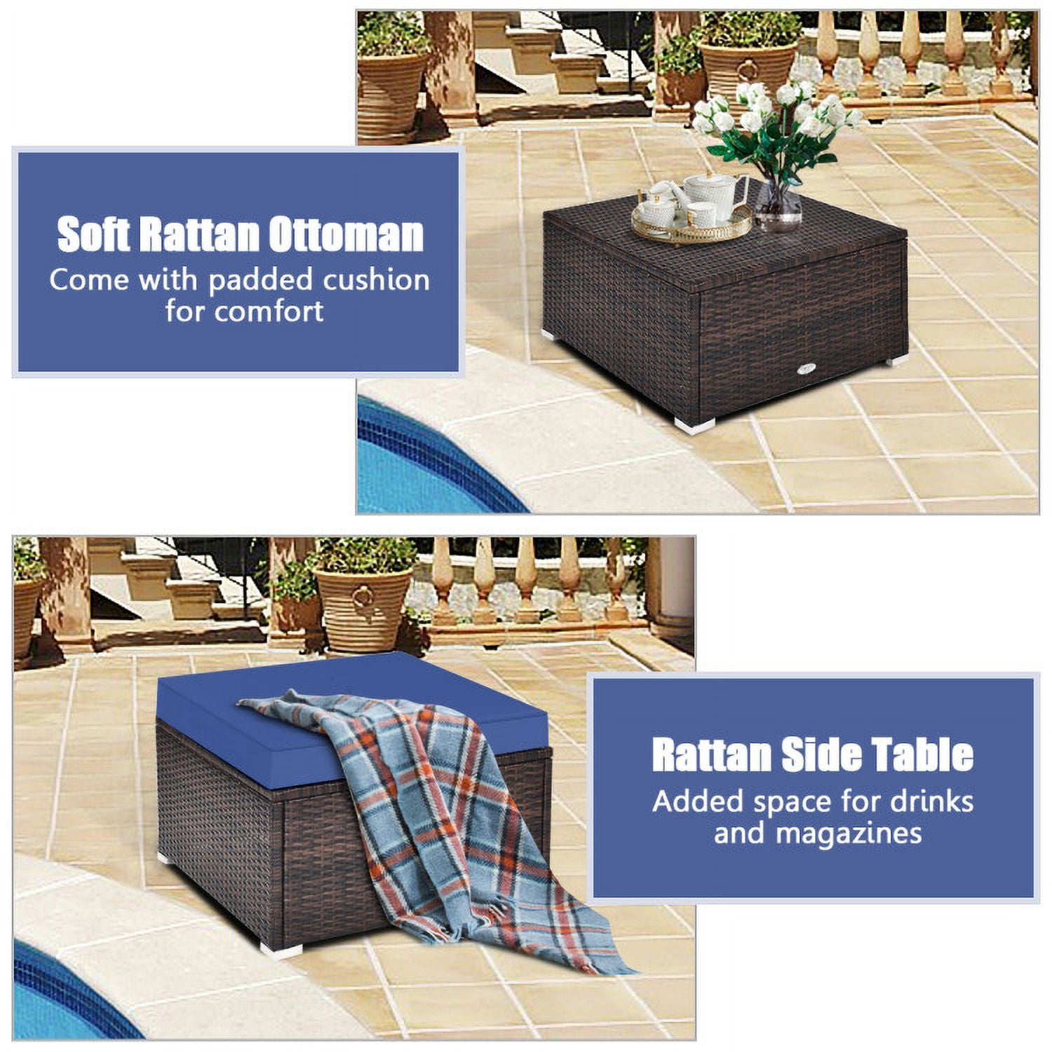 Aimee Lii 4 Pcs Ottoman Garden Deck Patio Rattan Wicker Furniture Set Cushioned Sofa, Outdoor Deck Furniture, Navy Aimee Lii 4 Pcs Ottoman Garden Deck Patio Rattan Wicker Furniture Set Cushioned Sofa, Outdoor Deck Furniture, Navy