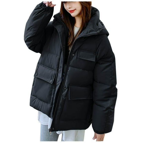 Hvyesh Puffer Jacket Womens Winter Zip Up Padded Down Jackets Thicken Warm Solid Hood Puffer Coats Parka Black XL