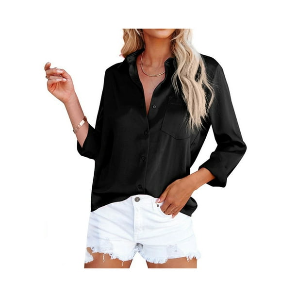 LSFYSZD Women Button Down Satin Shirts, Long Sleeve V Neck Solid Color