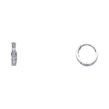 - 14K White Gold Huggies Simulated Diamonds CZ Hoop Round Earrings 2mm Thick by 10mm Height