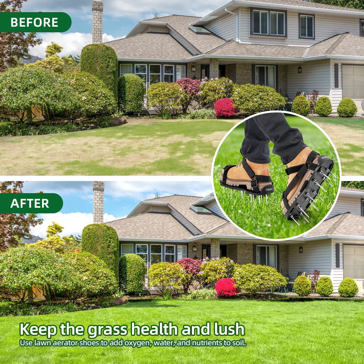 Lawn Aerator Shoes with Stainless Steel Shovel, Free-Installation Aerating Shoe Hook&Loop Straps, Heavy Duty One-Size-Fits-All Spiked Sandals for Garden Grass