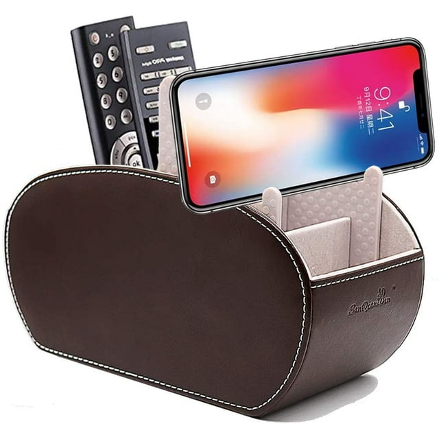 Remote Control Holder Table with Phone Pad Support Upgrade Size Stable PU Leather Control Caddy Storage TV Remote Control Organizer with 5 Spacious Compartments (DarkBrown with Support)
