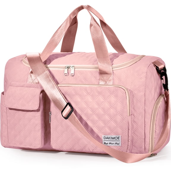 DAKIMOE Travel Duffle Bag for Women Men, Weekender Bags Carry on Gym Bag with Wet Pocket/Adjustable Strap/Shoe Compartment, Foldable Waterproof Overnight Tote Bag for Plane Sports Dance, Pink