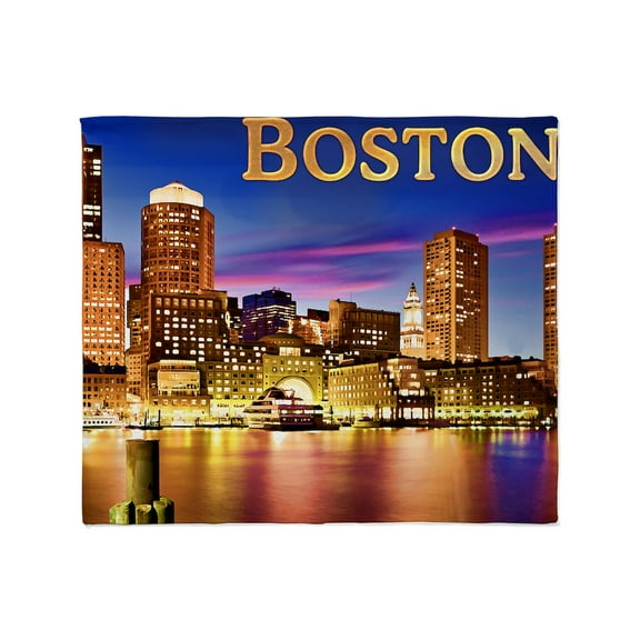 CafePress - Boston Harbor At Night Text BOSTON C Throw Blanket - Soft Fleece Throw Blanket, 50"x60" for All Ages