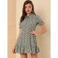 thumbnail image 4 of Vestido De Manga Abullonada Corta De Gasa Con Pajarita Floral Con Volantes Para Mujer Azul oscuro XS, 4 of 6
