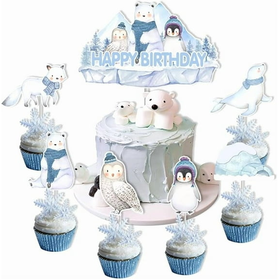 Arctic Animals Birthday Decorations Arctic Polar Animal Happy Birthday Cake Cupcake Toppers Winter Animals Bday Party Decorations for Winter Bday Baby Shower