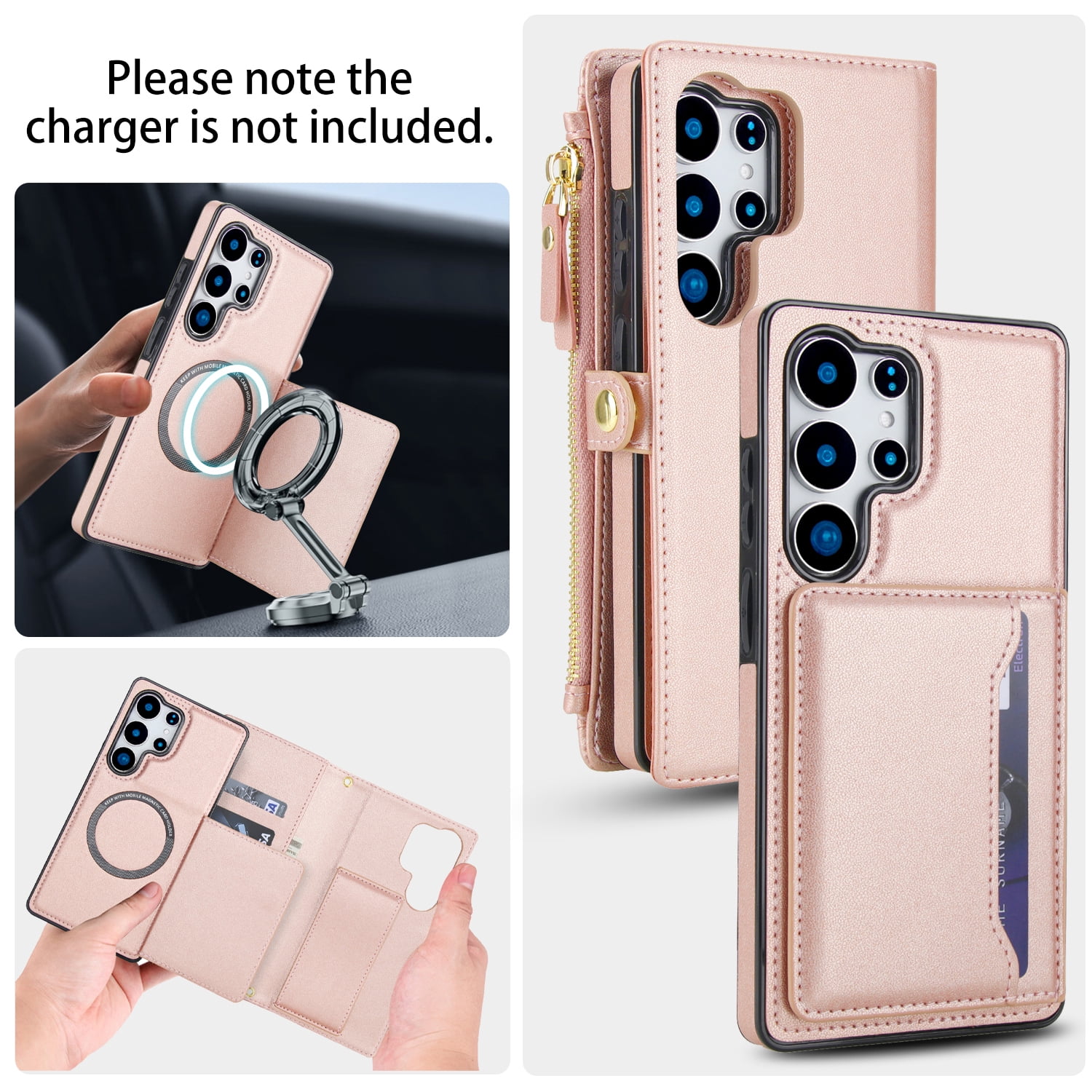Designed for Samsung Galaxy S25 Ultra Multi-Function Wallet Phone Case,With Shoulder Strap&Wrist Strap,Cash Pocket&Card Slots,Zipper Purse,Magnetic Detachable PU Leather Flip Phone Case,Rosegold