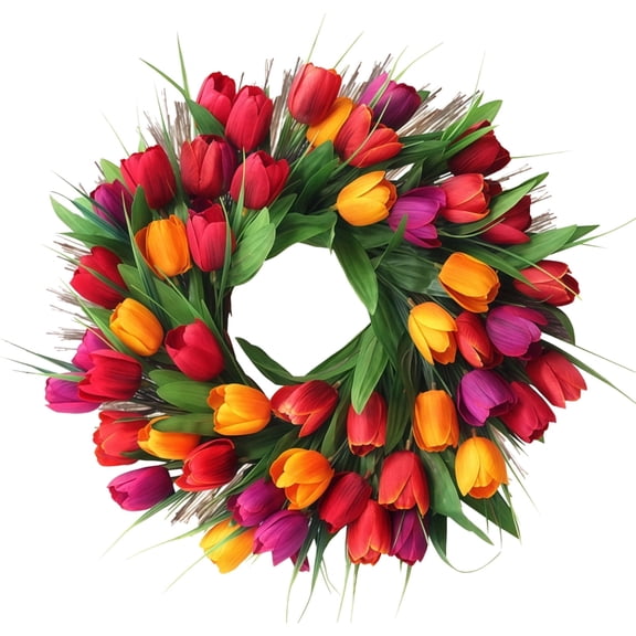 15.8 in / 40 cm Spring Tulip Wreath for Front Door, Faux Tulip Wreath with Vibrant Purple, Red, Orange, Yellow Petals, Natural Rattan Base, Multi-Purpose Home and Outdoor Decoration for Spring