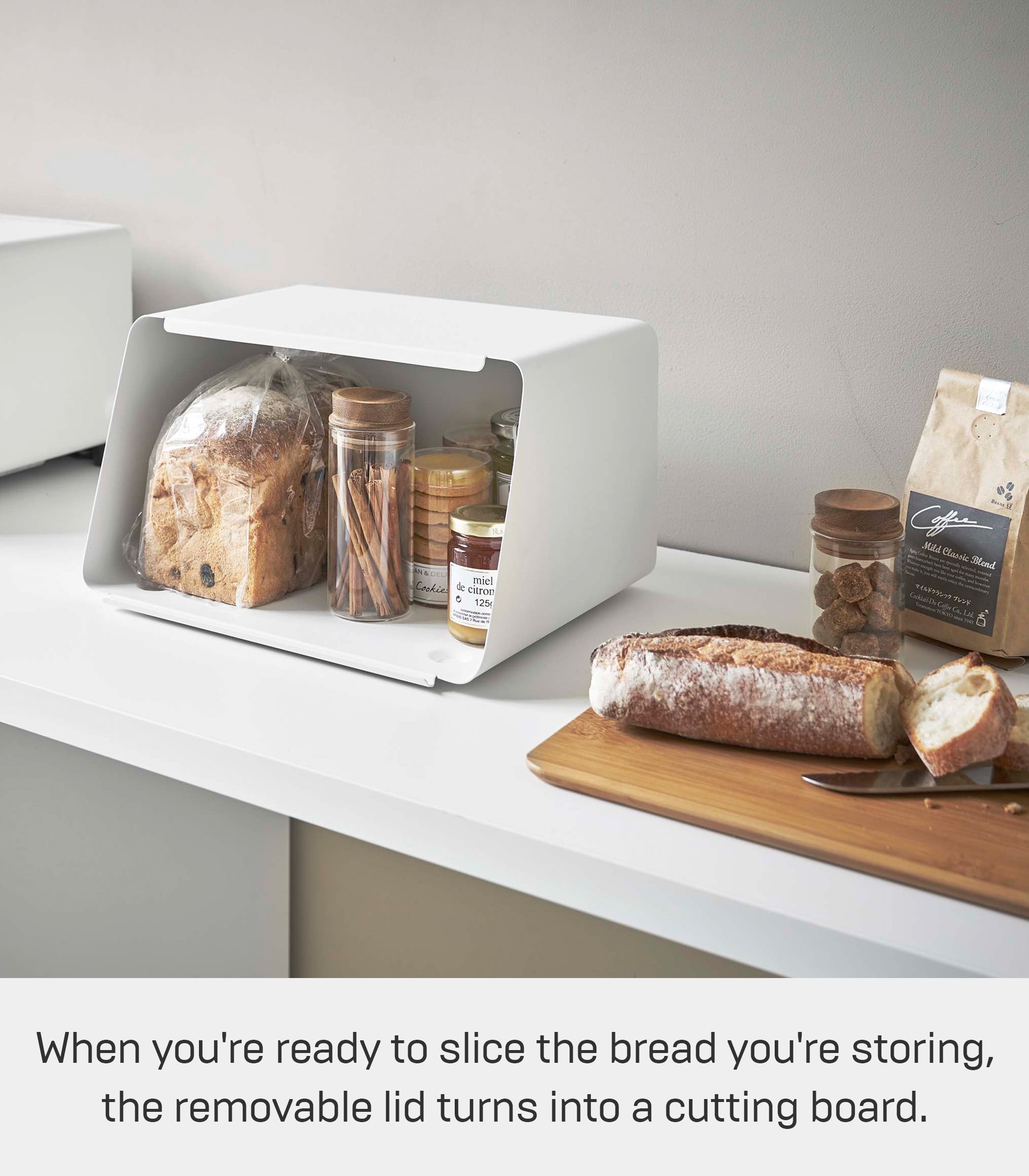 Yamazaki Home Bread Box with Cutting Board Lid, White, Steel + Bamboo, Lid, No Assembly