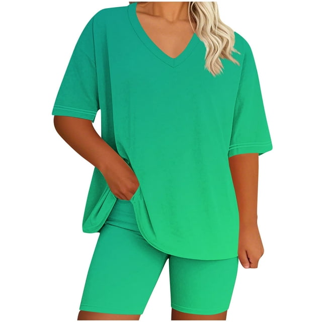 Womens Pajamas Two Piece Plus Size Lounge Sets Gradient Oversized Tshirt Slim Shorts Sleepwear Pjs Weekend Green, 2XL