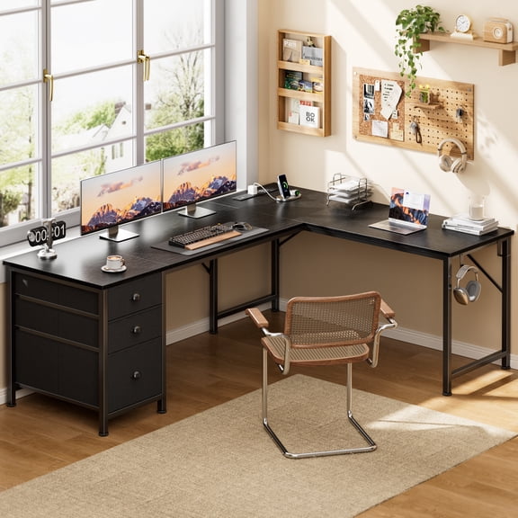 Satifur 63 Inch Reversible L Shaped Corner Computer Desk, Black Home Office Gaming Desk with 3 US AC Outlets 1 USB 1 Type-C Charging, 2 Non-Woven Drawers & File Cabinet, L Hooks & Cable Plugs
